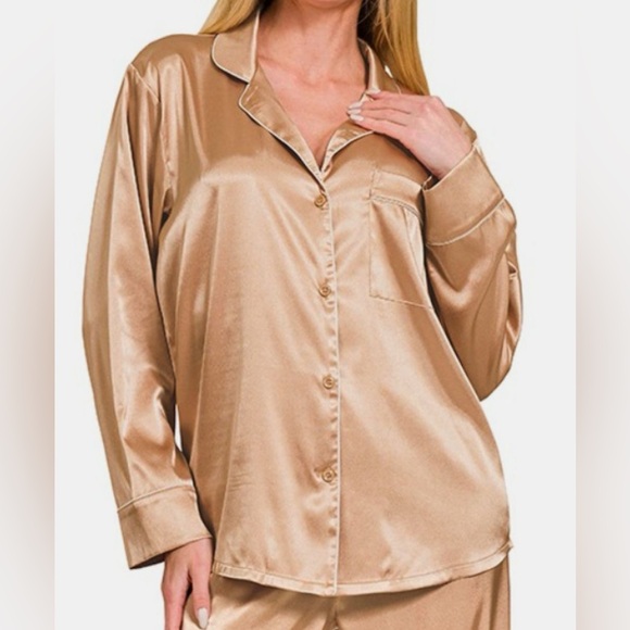 NWT Zenana Gold Satin Long Sleeve Shirt and Pants Pajama Set - Picture 3 of 3